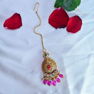 Pink Stud Antique Gold Maang Tikka