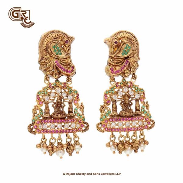 Lakshmi Annam Stone Antique Model 22K Gold Drop Stud