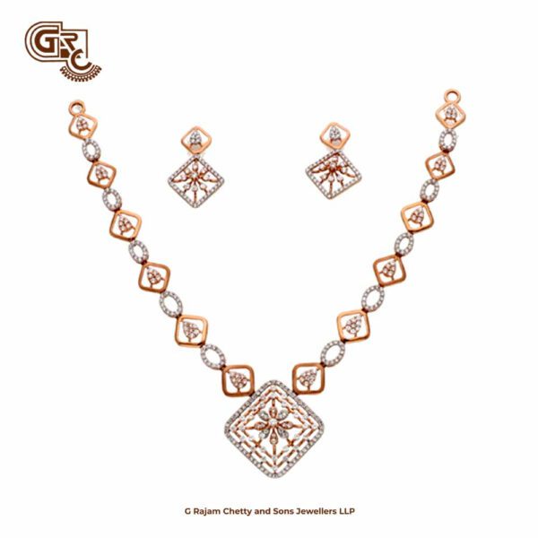 Square Glass Gleaming Stone Rose Gold 18K Stud With Necklace