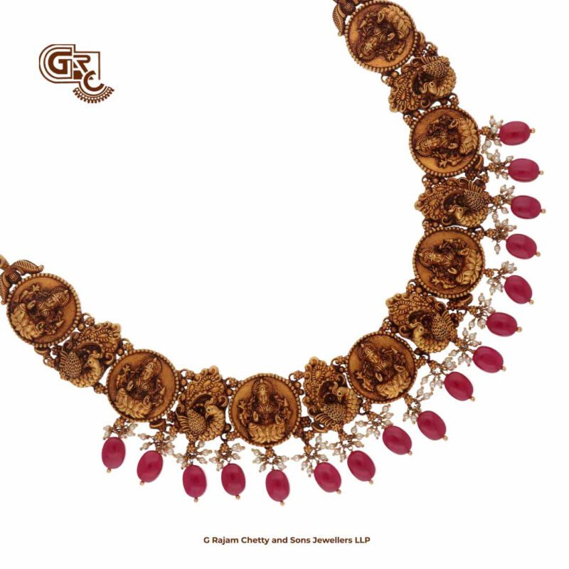 Antique Lakshmi Floral Pink Beads Gold Necklace