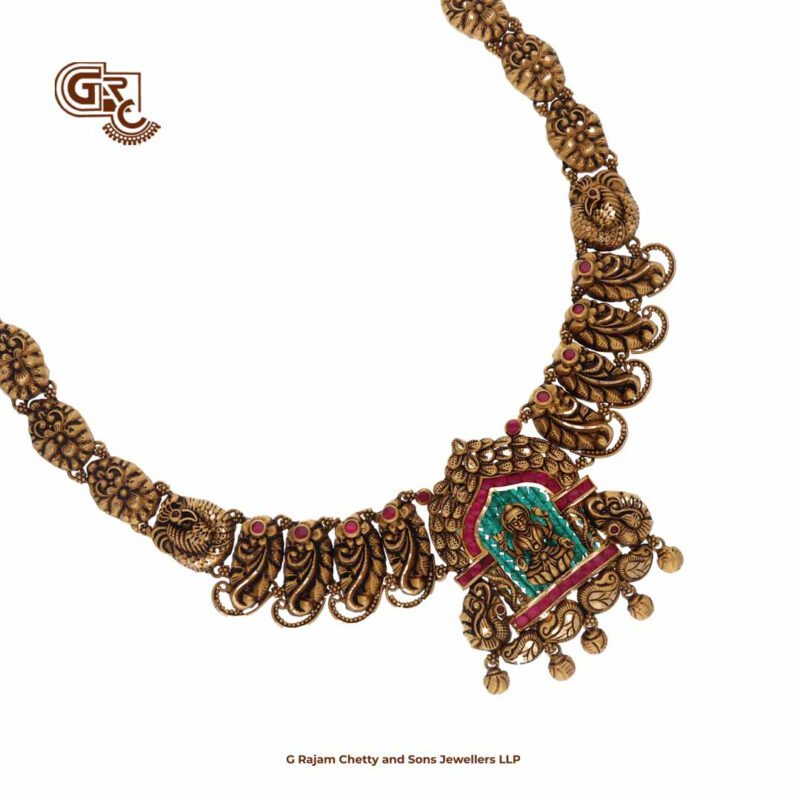 Dark Antique Lakshmi Floral Gold Beads Necklace