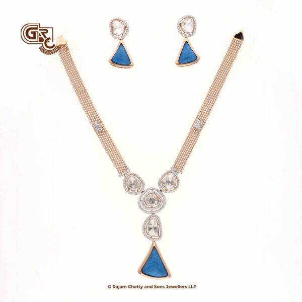 Glitter Blue Stone Triangle Fancy 18K Necklace With Earring