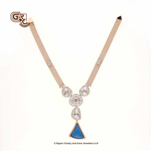 Glitter Blue Stone Triangle Fancy 18K Necklace With Earring