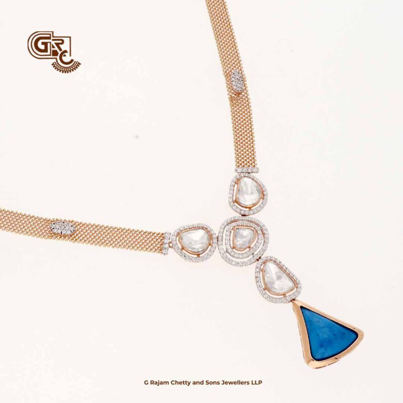 Glitter Blue Stone Triangle Fancy 18K Necklace With Earring