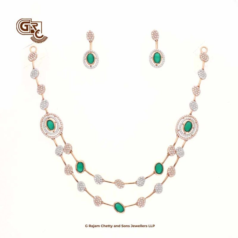 Glitter Stone Green 2Layer Fancy 18K Necklace With Earring