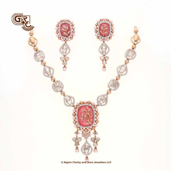 Elegant Glitter Stone  Pink Luxury 18K Necklace With Earring