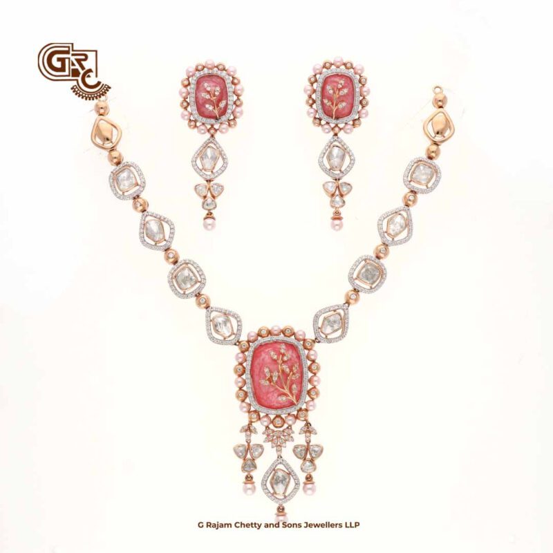 Elegant Glitter Stone  Pink Luxury 18K Necklace With Earring