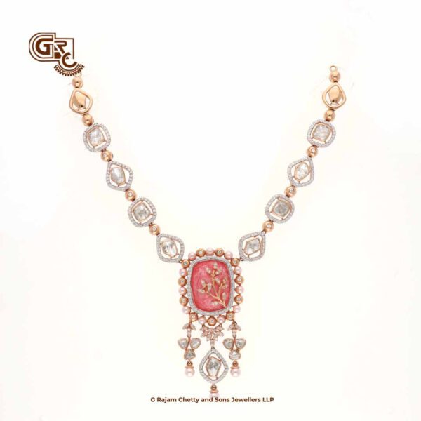 Elegant Glitter Stone  Pink Luxury 18K Necklace With Earring