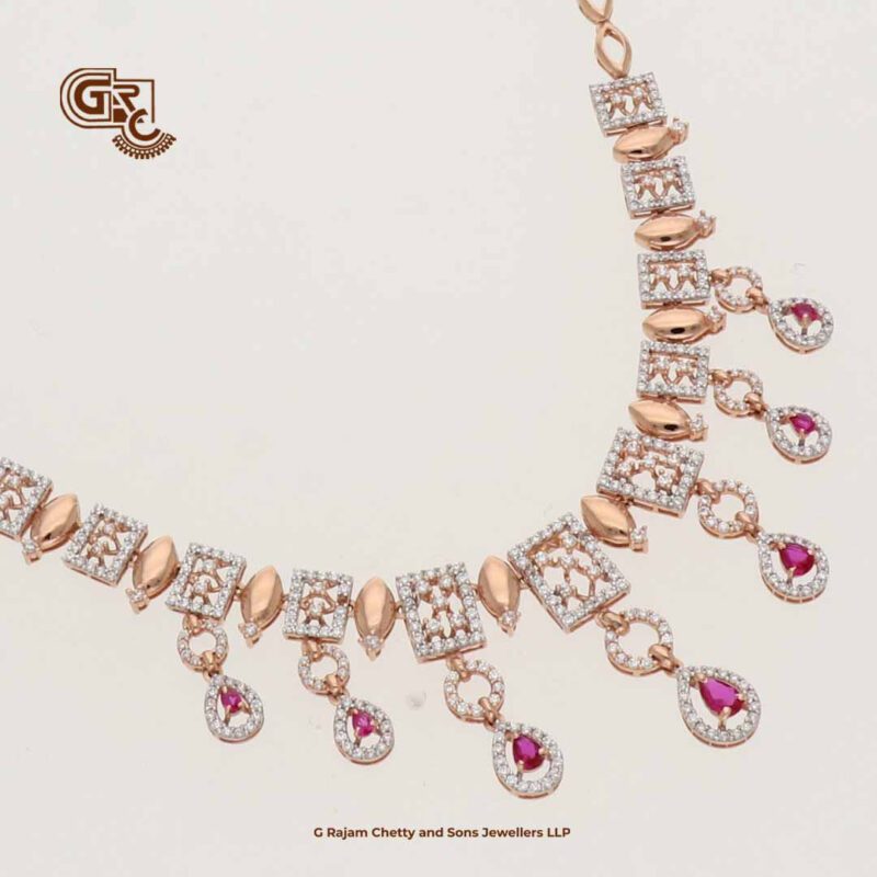 Glitter Stone Pink Pentant Luxury 18K Necklace With Earring