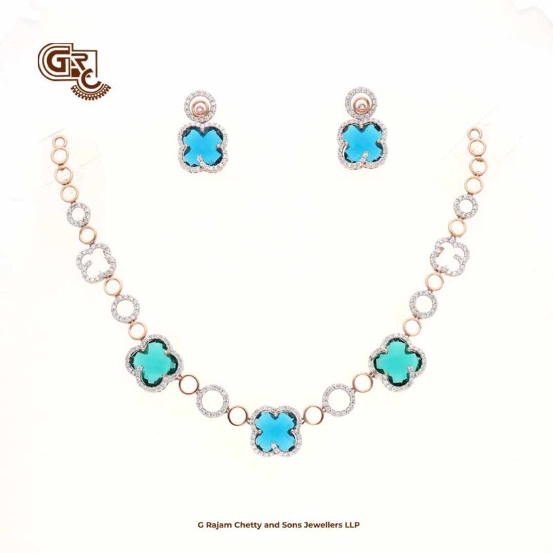 Glitter Stone Blue Elegant 18K Necklace With Earring