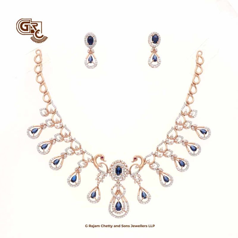 Glitter Stone Blue Pentant Luxury 18K Necklace With Earring