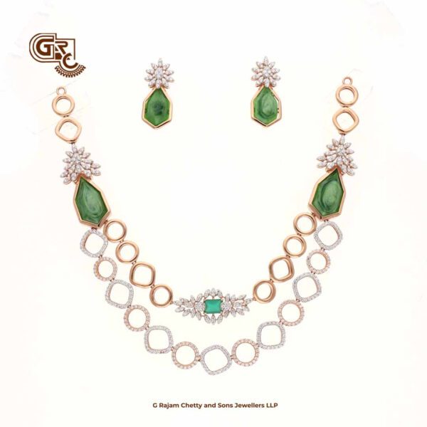 Elegant Green Stone 2Layer Luxury 18K Necklace With Earring