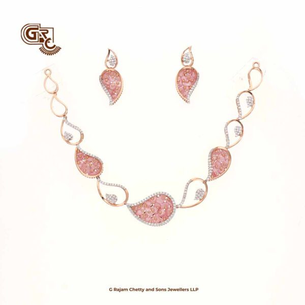 Glitter Stone Pink Manga Luxury 18K Necklace With Earring