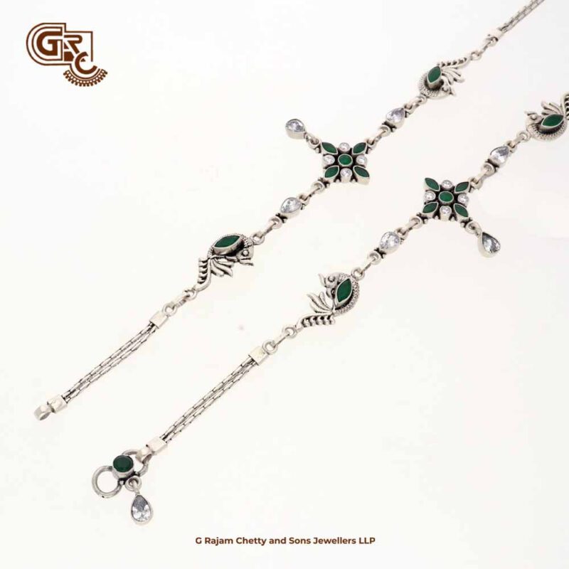 Fancy Green Stone Silver Anklets