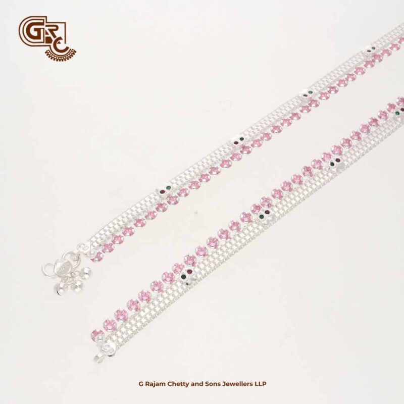 Uniques Pink Stone Drops Fancy Silver Anklets