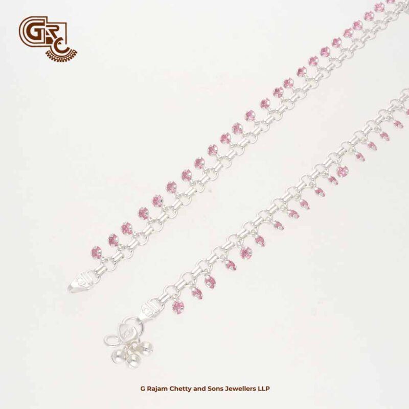 Uniques Pink Stone Fancy Silver Anklets