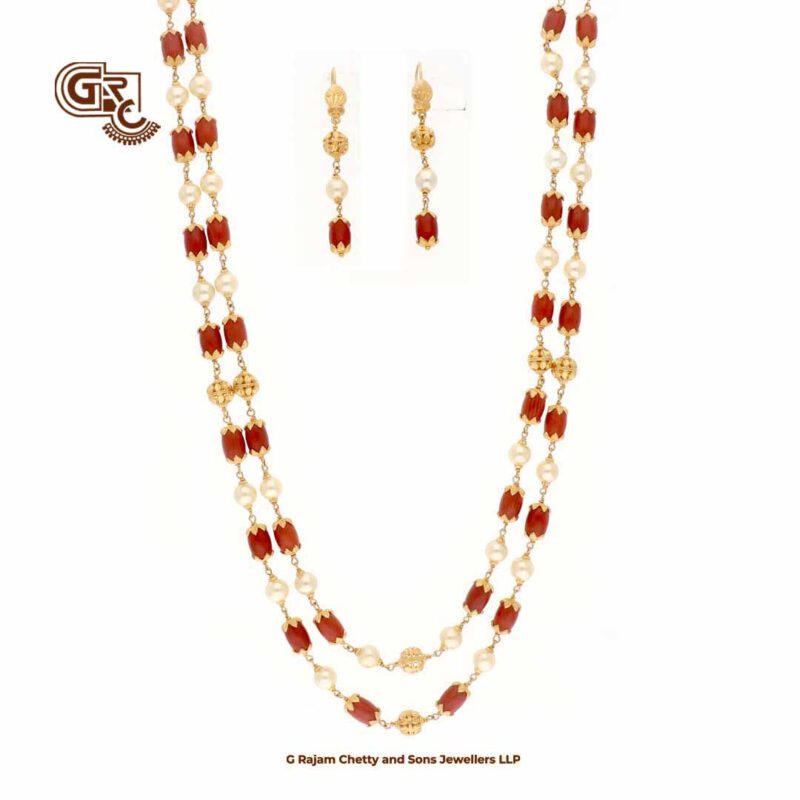 Red Coral & Pearl 2 Layer Traditional Haram with Earring