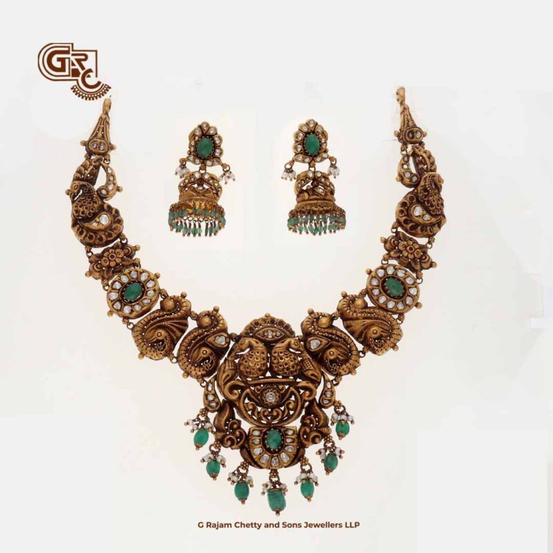 Antique Floral peacock Green Stone Traditional Necklace