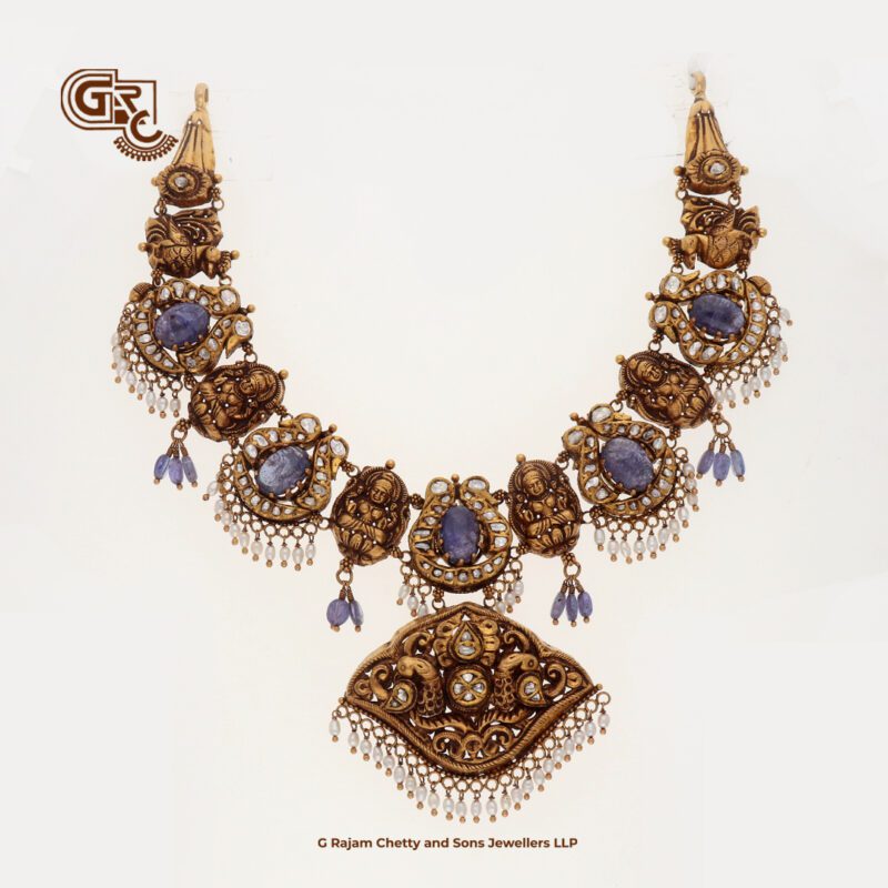 Antique Lakshmi Floral peacock Fancy Blue Stone Necklace