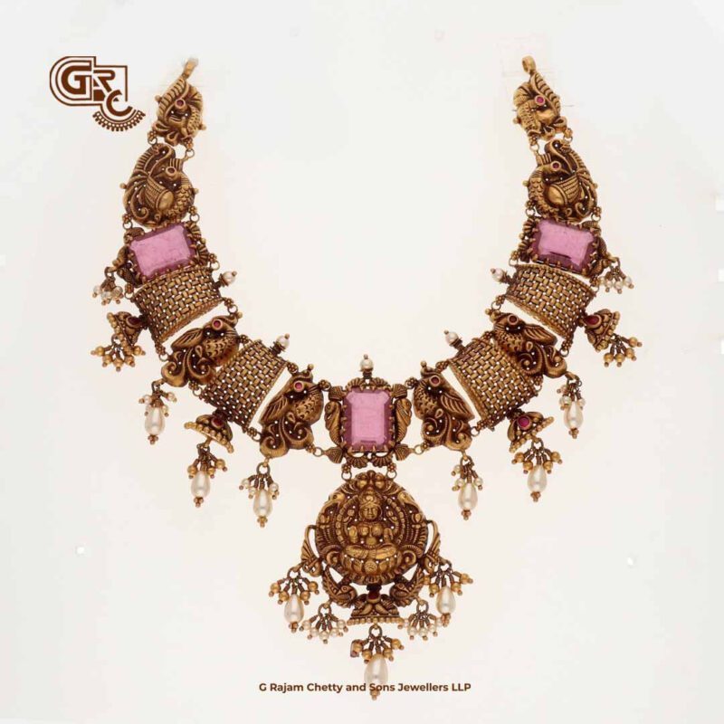 Antique Peacock Floral Pink Stone Traditional Necklace