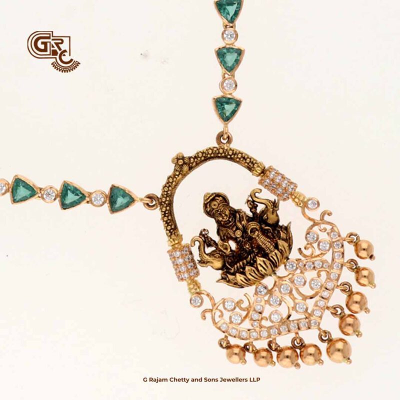 Antique Lakshmi Drops With Green Germs Stone Necklace