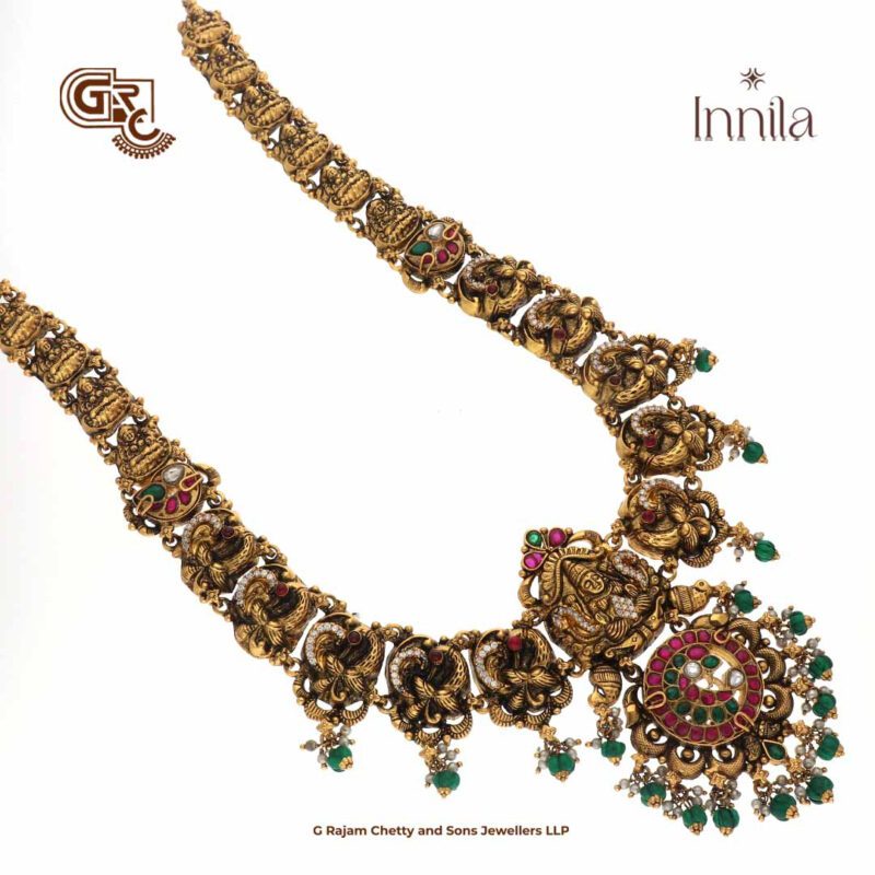 Antique Floral Ruby Stone Green Beads Gold Plated Haram