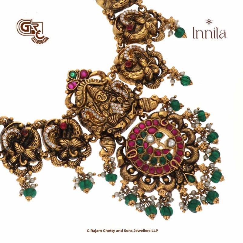 Antique Floral Ruby Stone Green Beads Gold Plated Haram