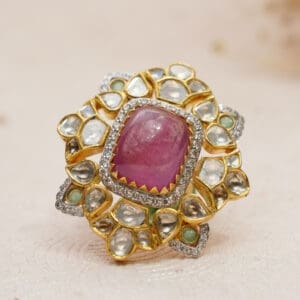 14KT Gold Kundan and Polki Pink Ring PKR14/3