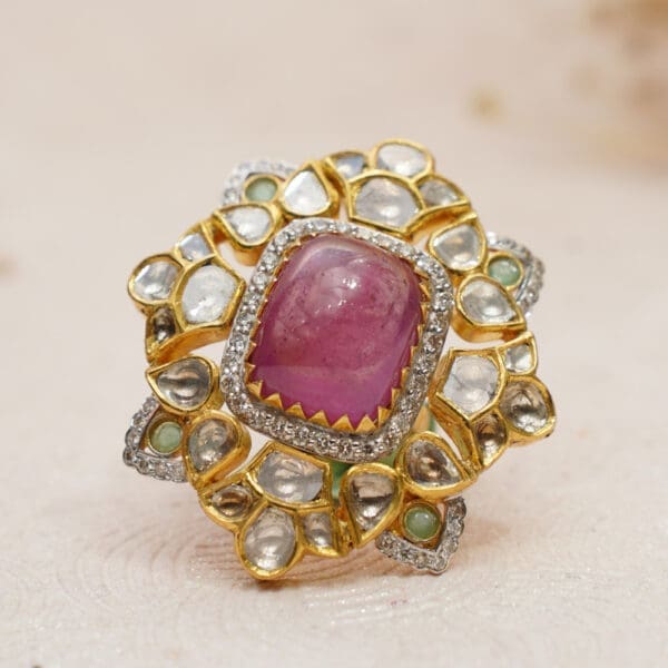 14KT Gold Kundan and Polki Pink Ring PKR14/3