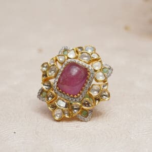14KT Gold Kundan and Polki Pink Ring PKR14/3