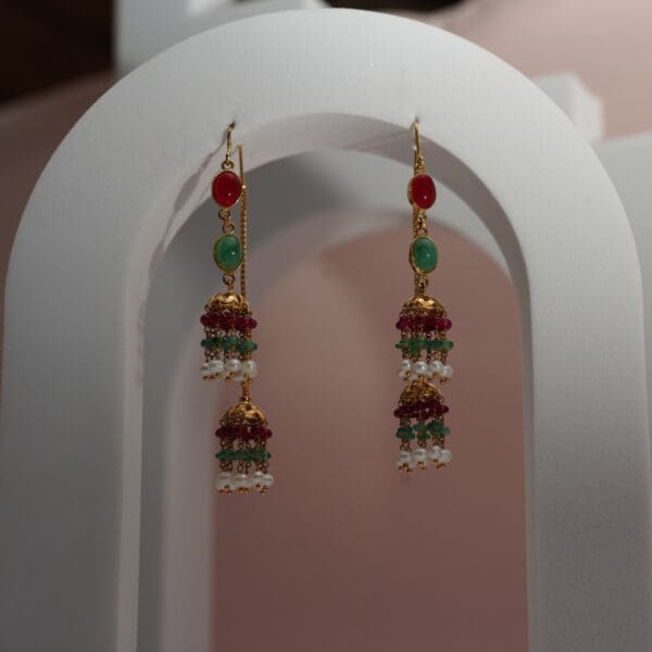 22Kt Gold Pearl Jhumki With Red and Green Stones ER22/1026