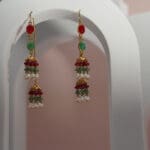 22Kt Gold Pearl Jhumki With Red and Green Stones ER22/1026