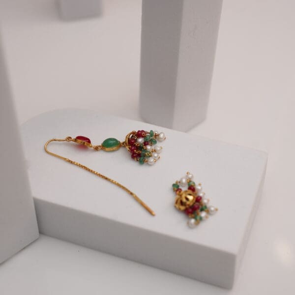 22Kt Gold Pearl Jhumki With Red and Green Stones ER22/1026