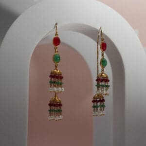 22Kt Gold Pearl Jhumki With Red and Green Stones ER22/1026 22Kt Gold Pearl Jhumki With Red and Green Stones ER22/1026