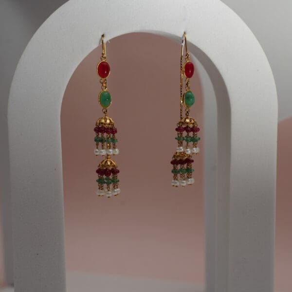22Kt Gold Pearl Jhumki With Red and Green Stones ER22/1026