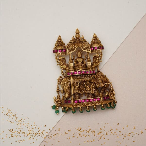 22KT Antique Gold Temple Pendant with Ruby Accents LC22/375